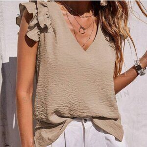 3 SHEIN Solid Ruffle Trim V Neck Blouses (Khaki, Black and Mustard)